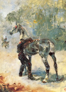 henri de toulouse lautrec artilleryman saddling his horse 1879 Oil Paintings